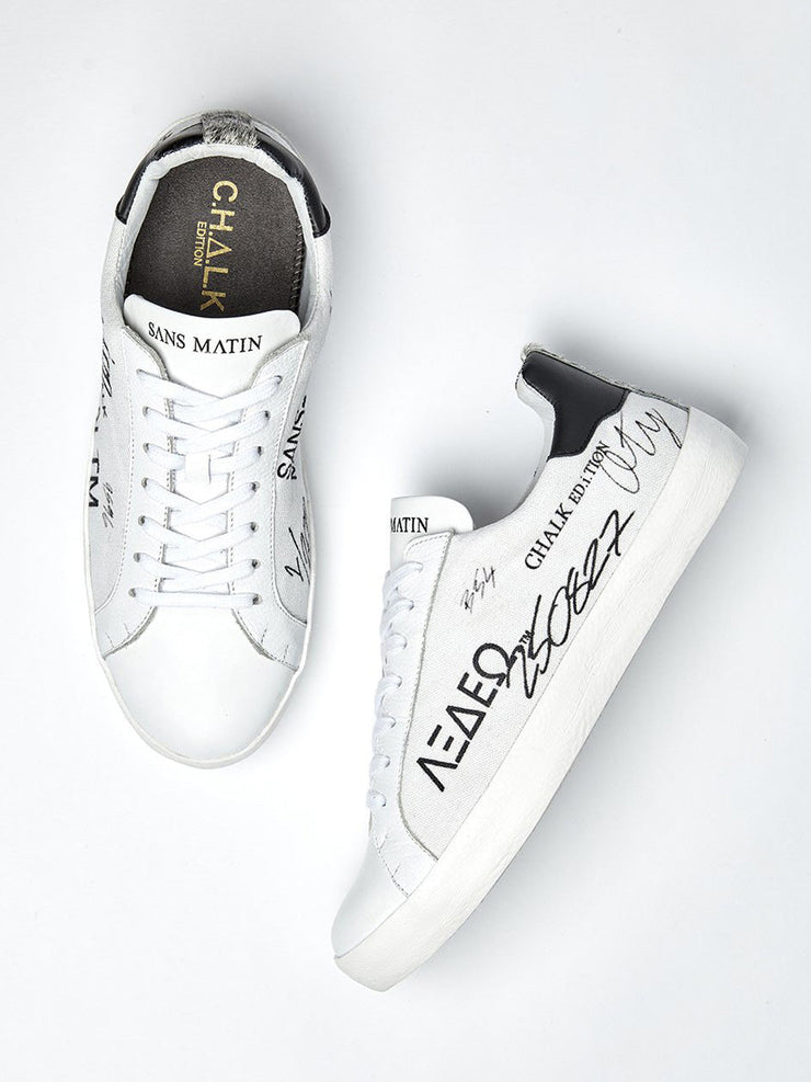 ‘CHALK Editions’ Golden Child trainer features a digitally-printed white canvas inspired by eye-catching artistic graffitiing. Recycled shoebag included. collagerie.com