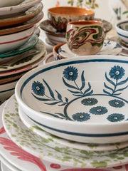 Blue summer flower ceramic shallow bowl