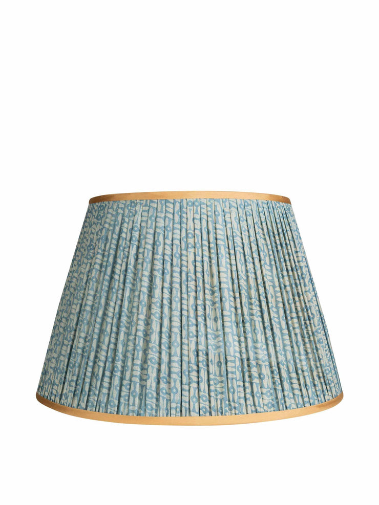 Blue and white tribal pleated silk lampshade with gold trim