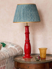 Blue and white tribal pleated silk lampshade with gold trim