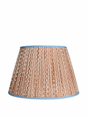 Brown and white squiggle pleated silk lampshade with blue trim