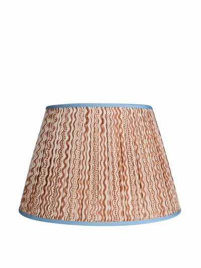 Penny Morrison Brown and white squiggle pleated silk lampshade with blue trim at Collagerie