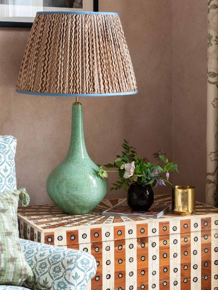 Brown and white squiggle pleated silk lampshade with blue trim