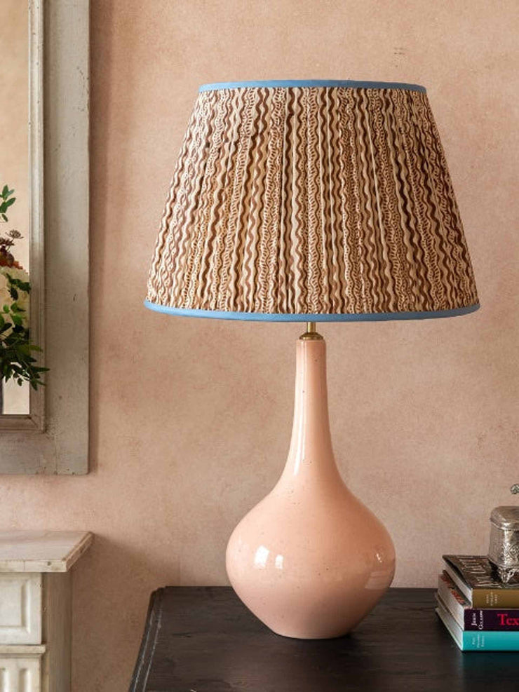 Brown and white squiggle pleated silk lampshade with blue trim