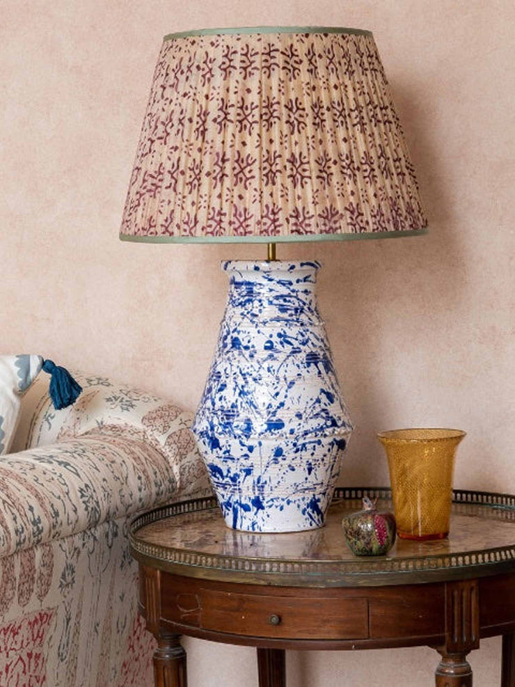Cream and plum patterned pleated silk lampshade with mint trim