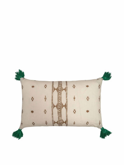 Penny Morrison Diamond ethnic muskat & indira stripe chocolate cushion with green tassels at Collagerie
