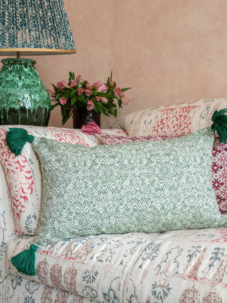 Diamond ethnic muskat & indira stripe chocolate cushion with green tassels