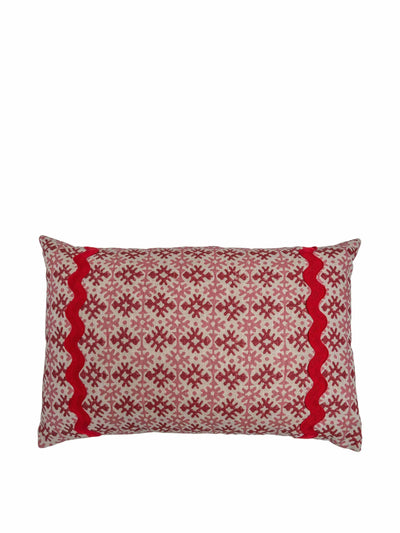 Penny Morrison Hemant pink/red cushion with red wavy trim at Collagerie