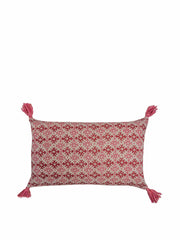 Hemant pink/red & zig-zag carnation leaf cushion with pink tassels