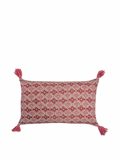 Penny Morrison Hemant pink/red & zig-zag carnation leaf cushion with pink tassels at Collagerie