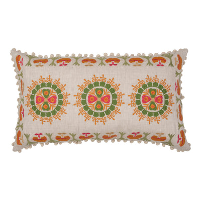Penny Morrison Orange and green embroidered folk cushion with white pom-poms at Collagerie