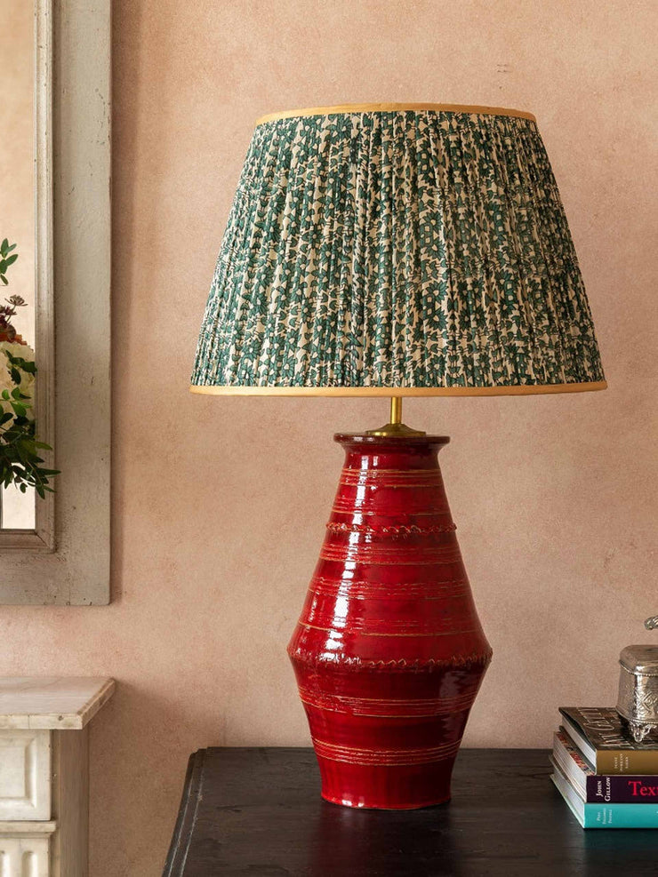 Blue and green floral pleated silk lampshade with gold trim