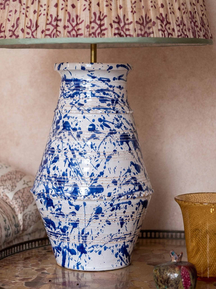 Splashed blue on white ribbed vase ceramic lamp base