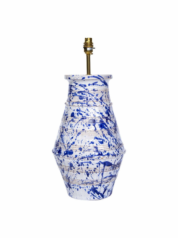 Splashed blue on white ribbed vase ceramic lamp base