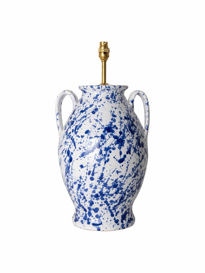 Penny Morrison Splashed blue on white rounded urn with handles ceramic lamp base at Collagerie