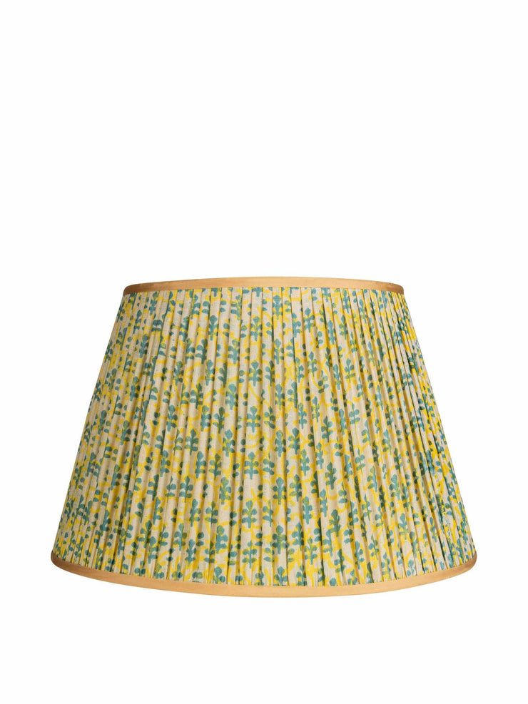 Yellow and green leaf pleated silk lampshade with gold trim