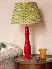 Yellow and green leaf pleated silk lampshade with gold trim