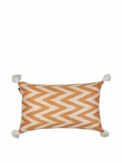 Penny Morrison Limited edition orange zig zag silk cushion with natural linen reverse and white tassels at Collagerie