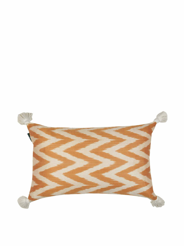 Limited edition orange zig zag silk cushion with natural linen reverse and white tassels