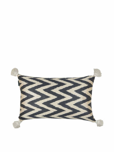 Penny Morrison Charcoal and white zig zag silk cushion with tassels at Collagerie