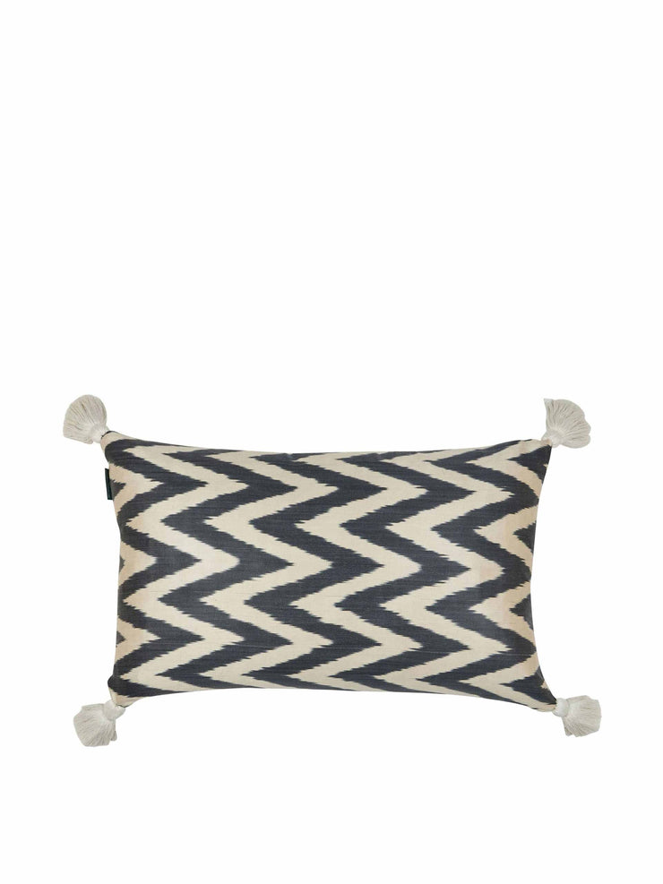 Charcoal and white zig zag silk cushion with tassels