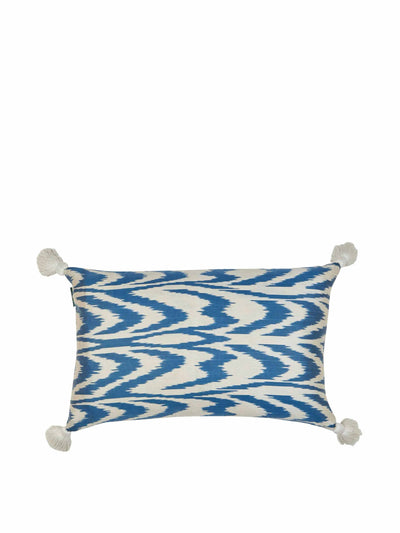 Penny Morrison Limited edition blue horizontal pattern silk cushion with natural linen and white tassels at Collagerie