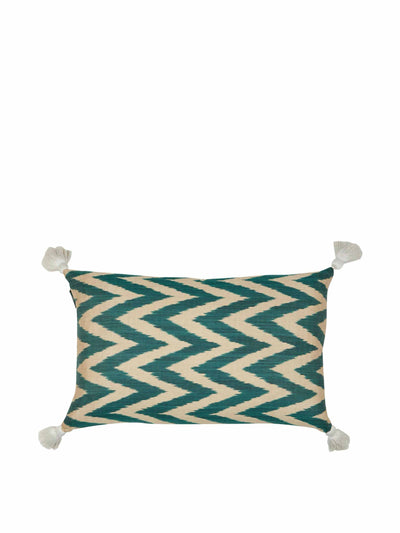 Penny Morrison Limited edition green zig zag silk cushion with natural linen reverse and white tassels at Collagerie