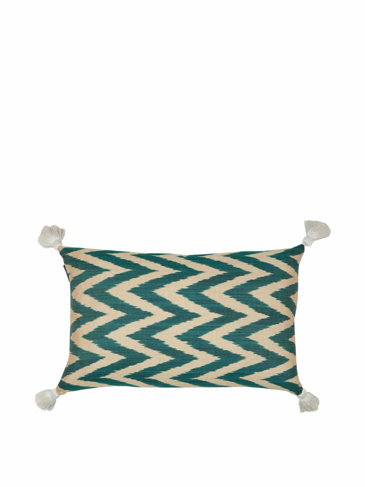 Limited edition green zig zag silk cushion with natural linen reverse and white tassels