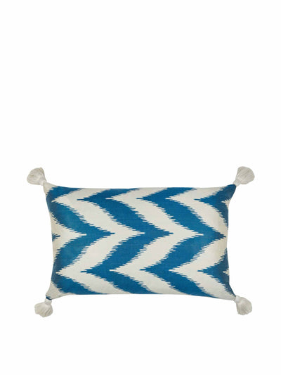 Penny Morrison Limited edition wide blue zig zag silk cushion with natural linen reverse and white tassels at Collagerie