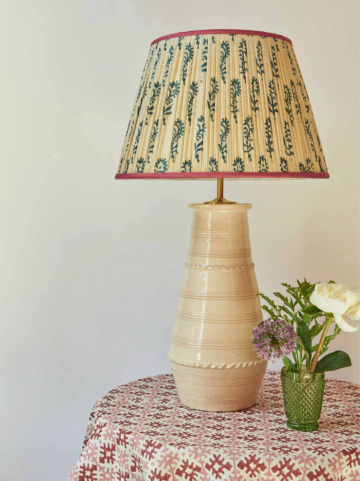 Cream and blue flower pleated silk lampshade with pink trim
