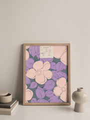 A beautiful floral abstract screen print depicting pink and purple foliage to adorn your walls. Collagerie.com