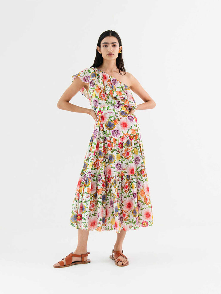 Petra pink floral-print linen one shoulder tiered midi dress