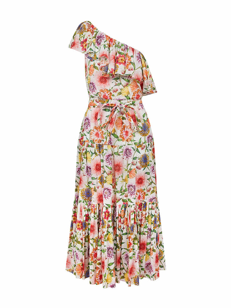 Petra pink floral-print linen one shoulder tiered midi dress