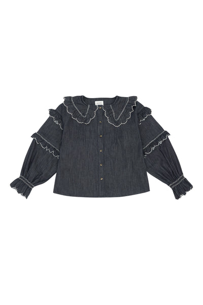 Seventy + Mochi Phoebe blouse in washed indigo at Collagerie