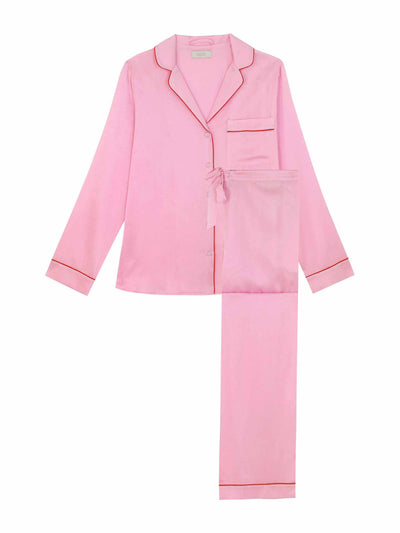 Yolke Pink silk pyjamas with red piping at Collagerie