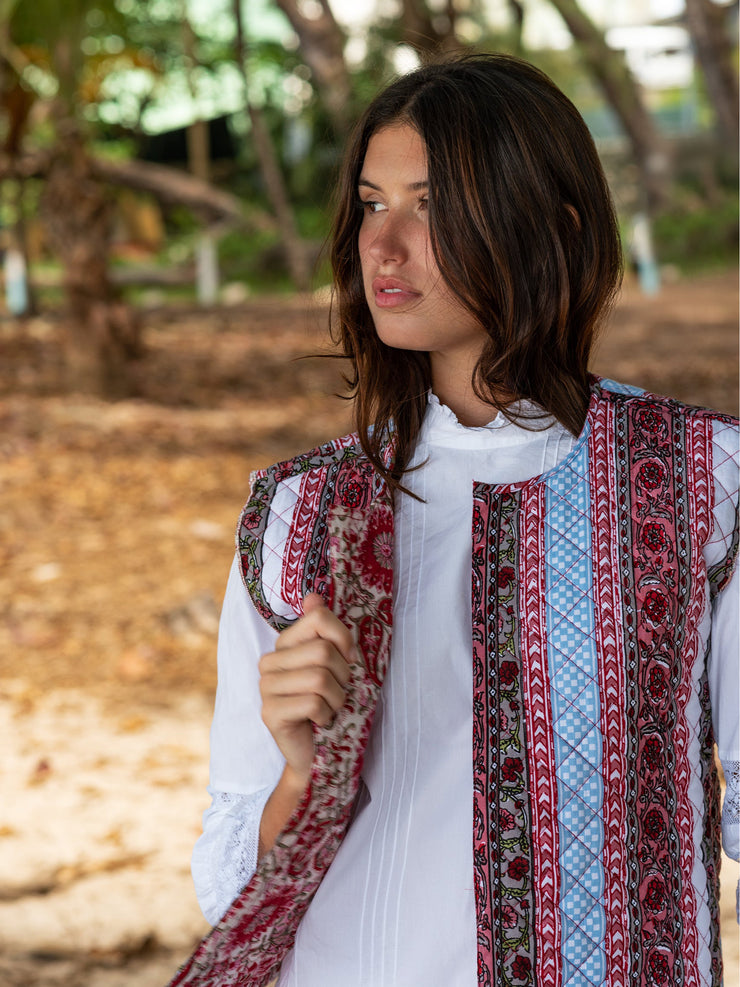 Reversible pink and red quilted gilet is sure to add a little boho-chic to any outfit. Perfect cotton gilet for the Summer. Colourful with floral details | Collagerie.com