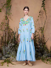 Blue multi frangipani dress
