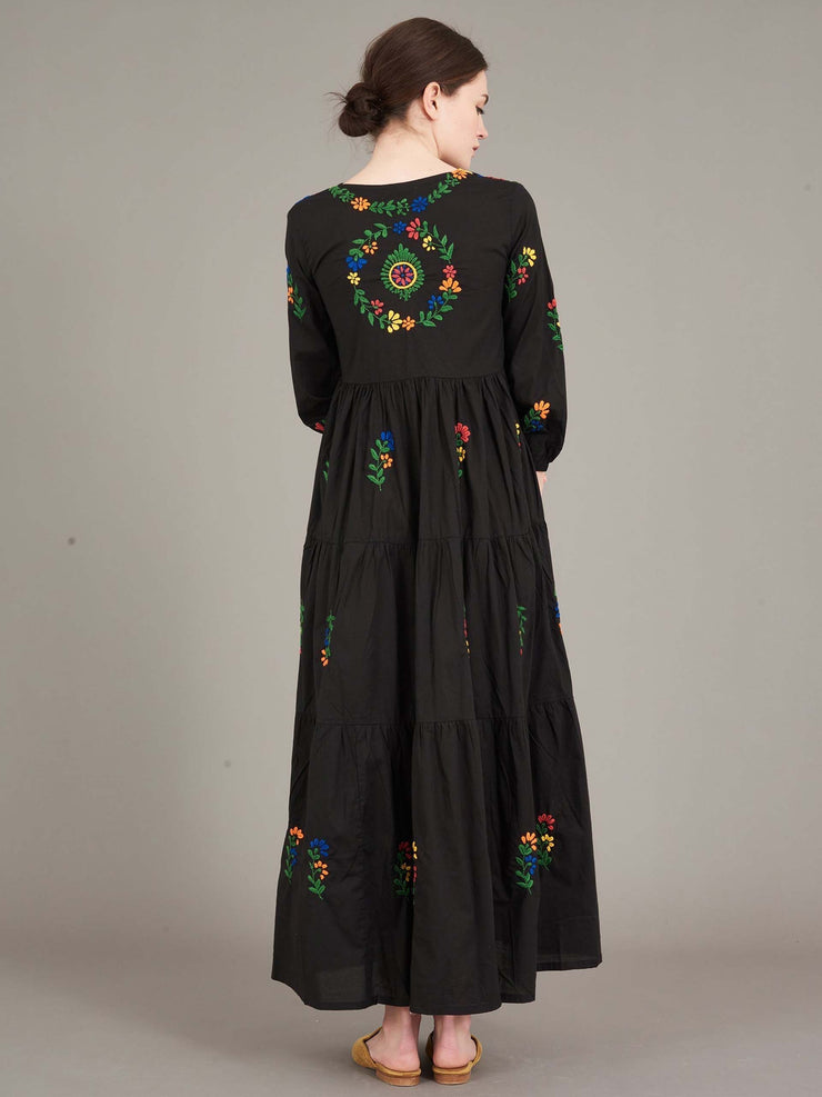Black multi frangipani dress