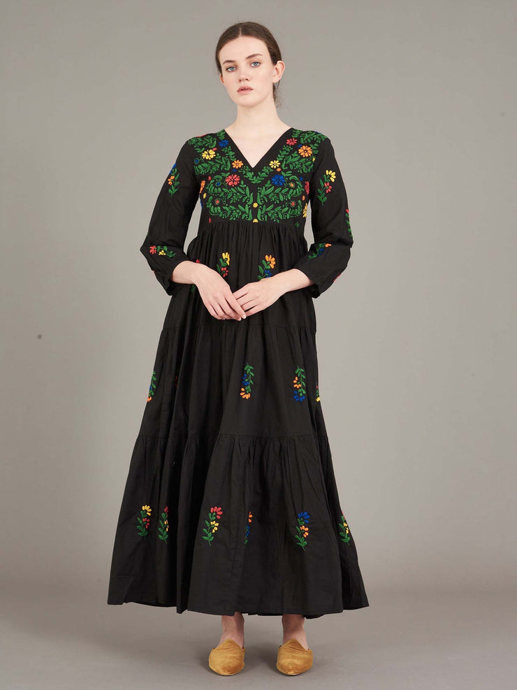 Black multi frangipani dress
