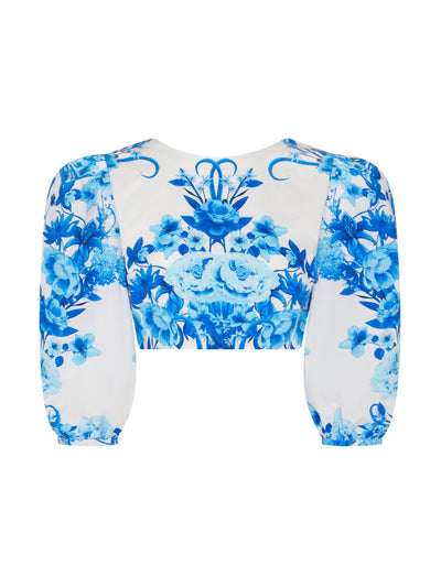 Borgo De Nor Rhea button back top in Antheia blue floral print at Collagerie