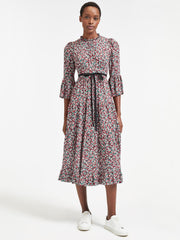 Red blossom print Eloise round neck maxi dress with tiered gathered skirt and 3/4 sleeve