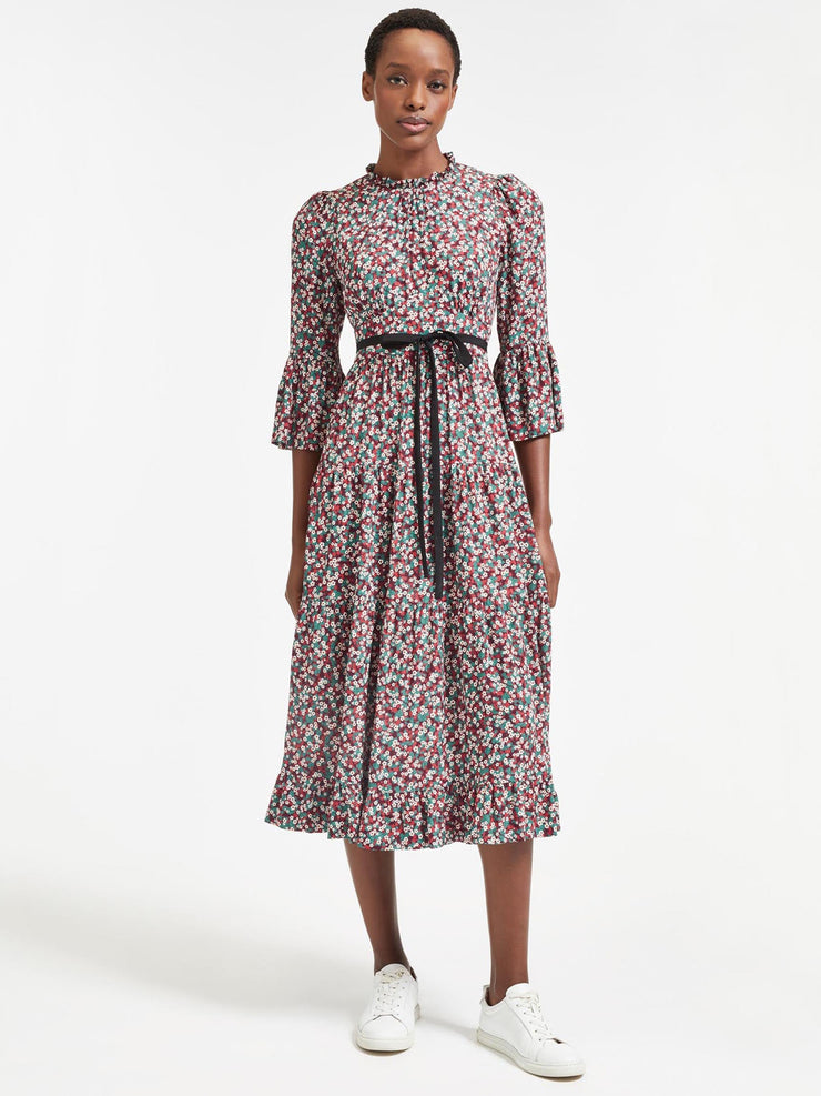 Red blossom print Eloise round neck maxi dress with tiered gathered skirt and 3/4 sleeve