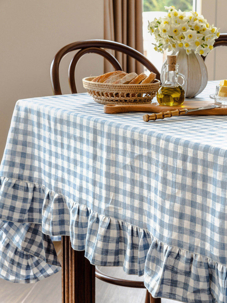 Blue ruffle gingham linen tablecloth