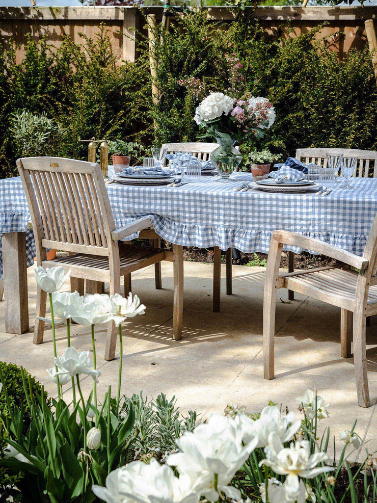 Blue ruffle gingham linen tablecloth