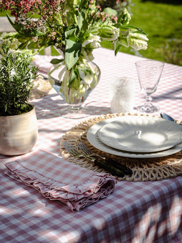 Pink ruffle gingham linen tablecloth