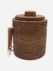 Brown rattan ice bucket with tongs