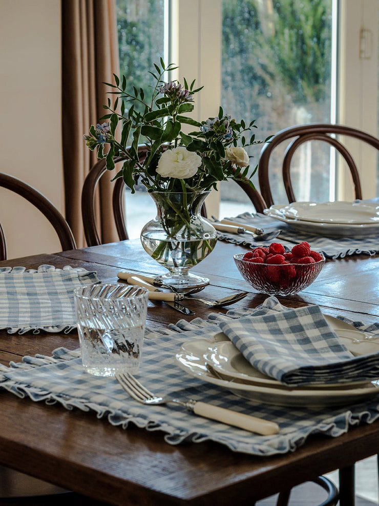 Blue ruffle gingham linen napkin