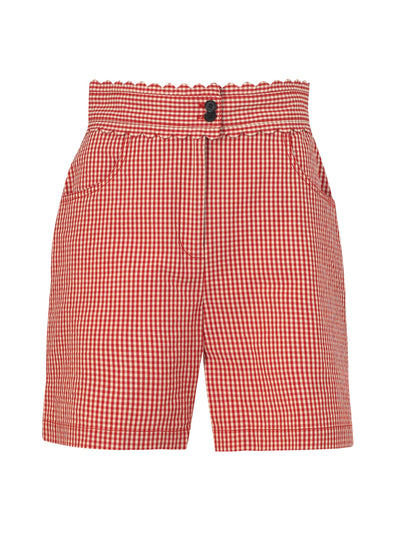 Yolke Red and white scalloped gingham shorts at Collagerie