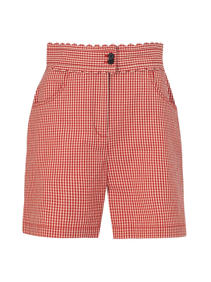 Red and white scalloped gingham shorts by Yolke. Made from Italian cotton gingham and sit high on the waist. Perfect summer shorts | Collagerie.com