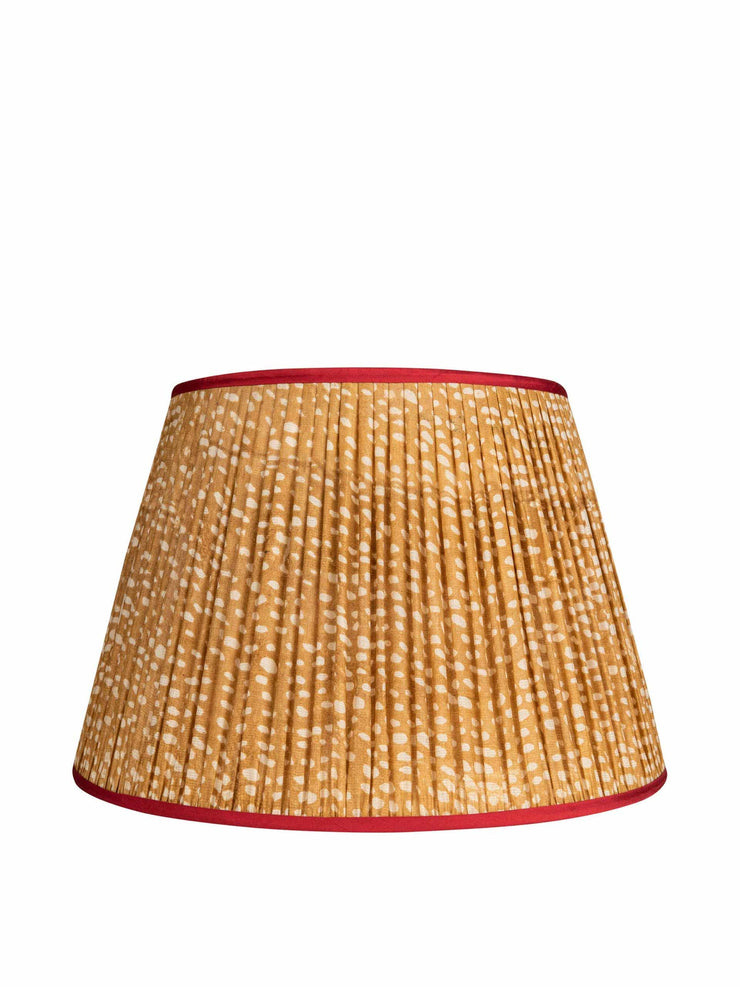 Brown and white spotted pleated silk lampshade with red trim